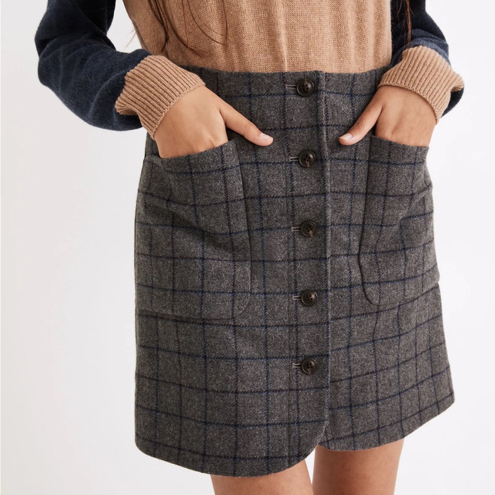 Madewell Wool Button-Front Mini Skirt in Windowpane